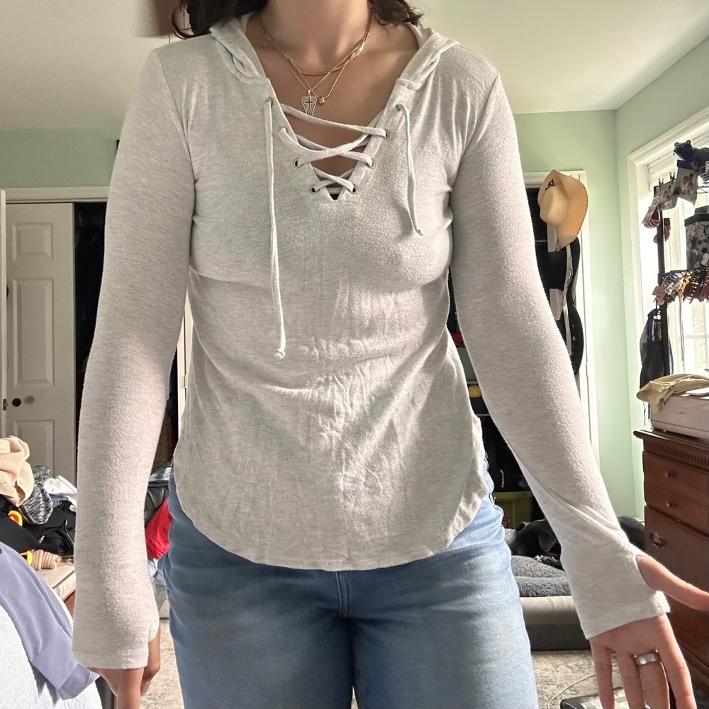 Aerie Just Add Leggings Lace-Up Hoodie Top, Long Sleeve, Gray, Casual